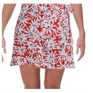 Aqua Womens Size Medium Floral Print Wrap Mini Skirt in Red White 382